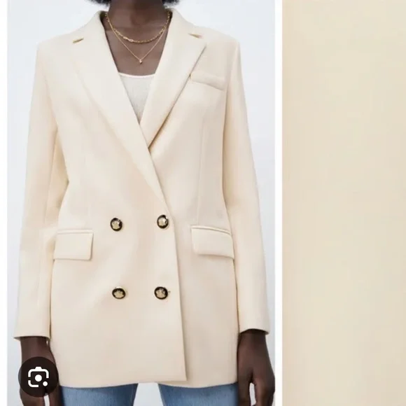 Zara Cream Double Breasted Blazer with Black/Gold Button Detail Sz M - Picture 4 of 7